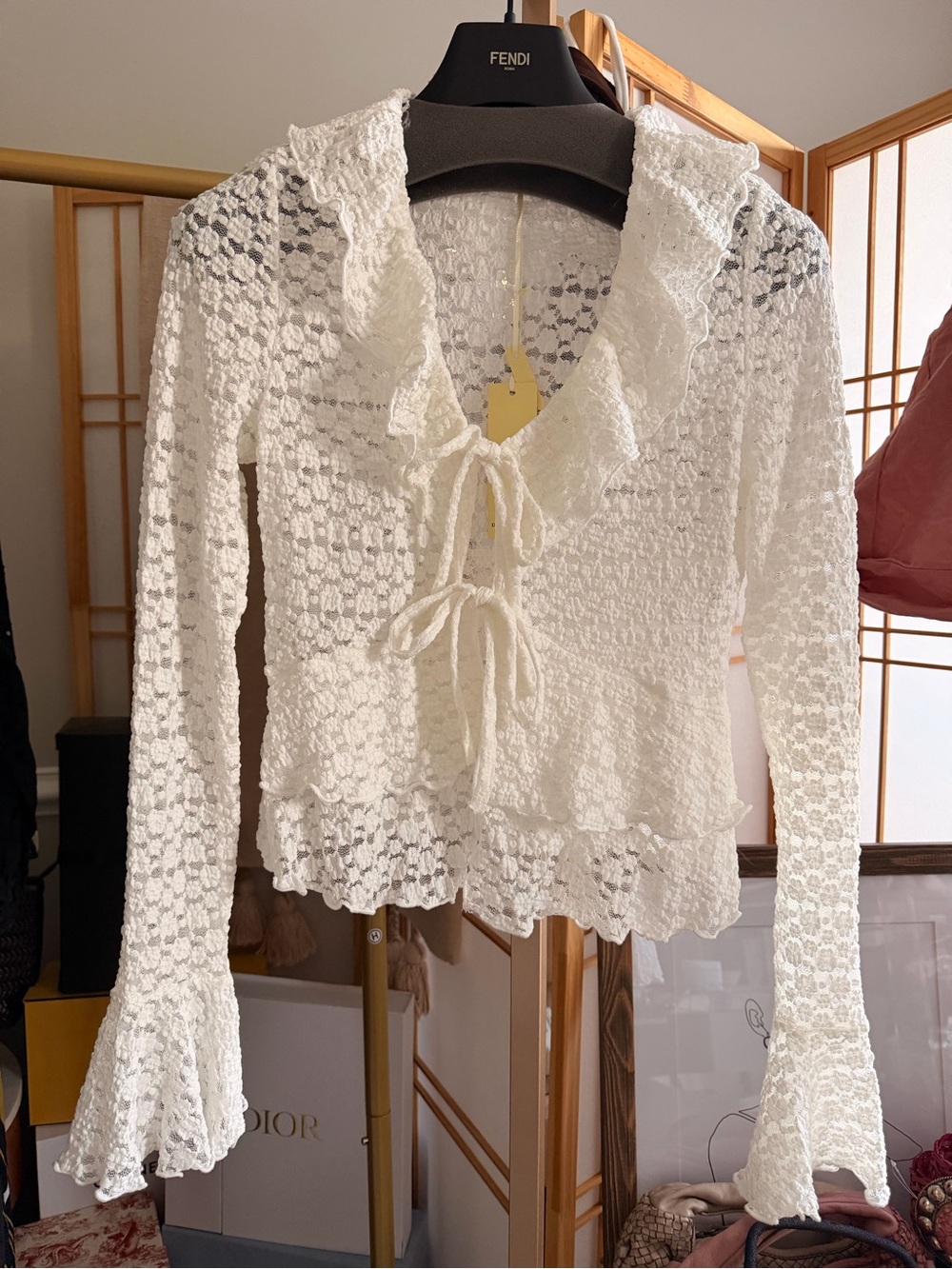 Drôle de Copine Paris White Textured Lace Tie-Front Cardigan | M/L | NWT